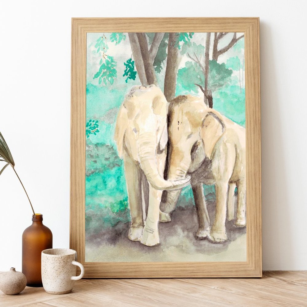 Couple of elephants watercolor wall art print painting 8.5 x 11”